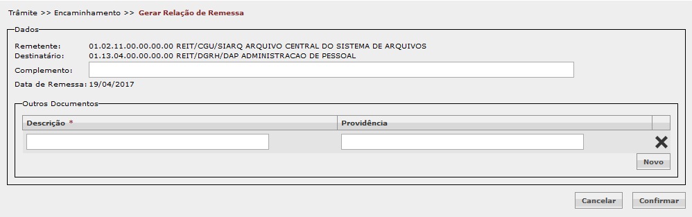 Gerar Relação De Remessa Documentos Externos 4501